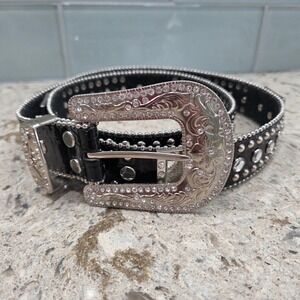 Vintage Blazin Roxx Women Blk Croc Rhinestone Western Belt Silver Studded XL Y2K
